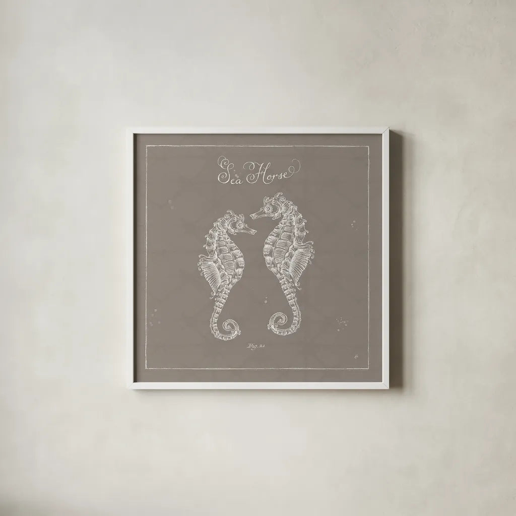 Underwater Life XIII Greige by Daphne Brissonnet. Shown in a crisp white glass frame for a clean and minimalist style. Available as an archival giclee rolled canvas, fine art paper, or poster print. SKU 33477a.