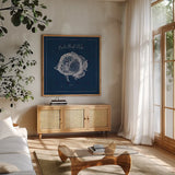 Underwater Life XIV by Daphne Brissonnet. Shown in a natural wood frame in a cozy modern living room. Available as an archival giclee rolled canvas, fine art paper, or poster print. SKU 33470a.