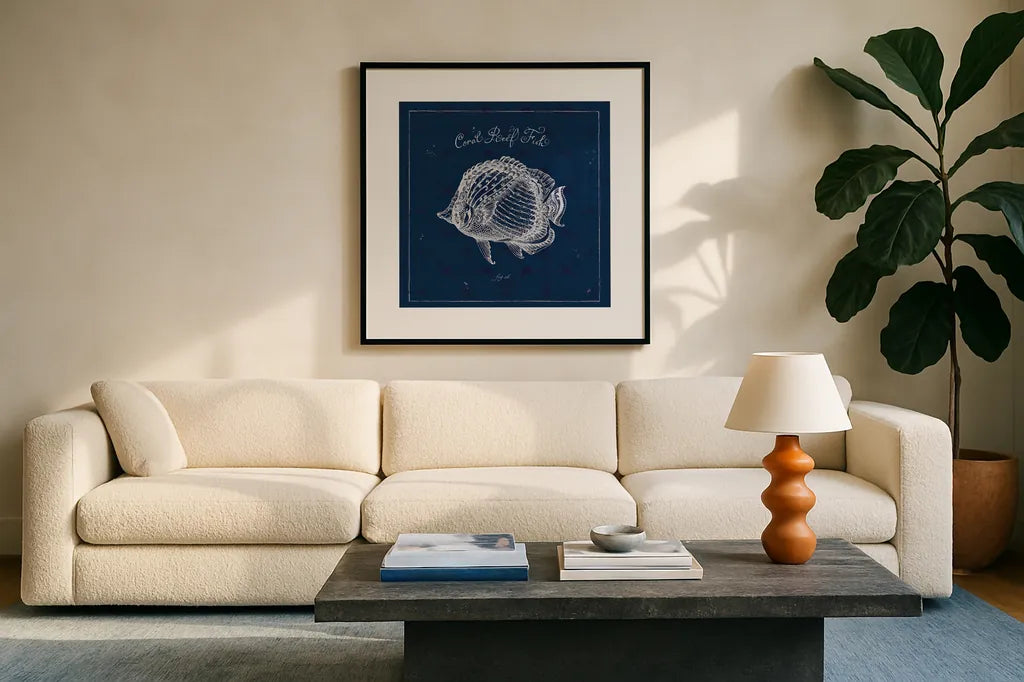 Underwater Life XIV by Daphne Brissonnet. Displayed in a glass frame with matte in a clean modern living room. Available as an archival giclee rolled canvas, fine art paper, or poster print. SKU 33470a.