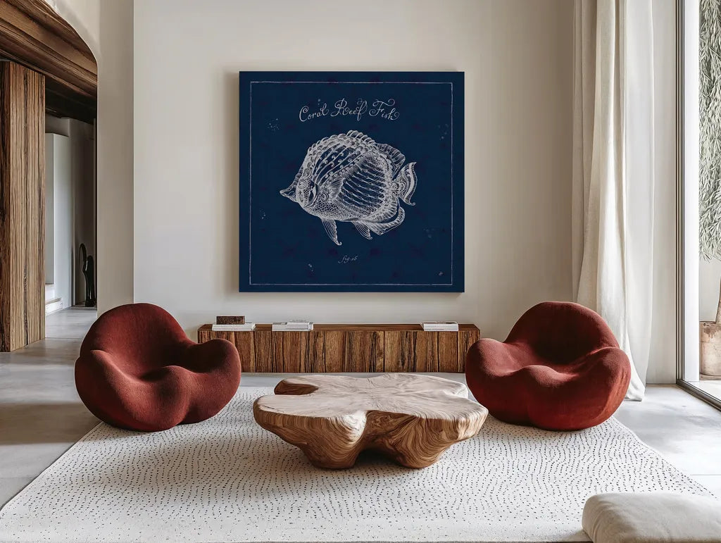 Underwater Life XIV by Daphne Brissonnet. Shown as extra-large giant wall art in a modern living room. Available as an archival giclee rolled canvas, fine art paper, or poster print. SKU 33470a.
