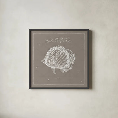 Underwater Life XIV Greige by Daphne Brissonnet. Shown in a sleek black glass frame for a contemporary gallery look. Available as an archival giclee rolled canvas, fine art paper, or poster print. SKU 33478a.