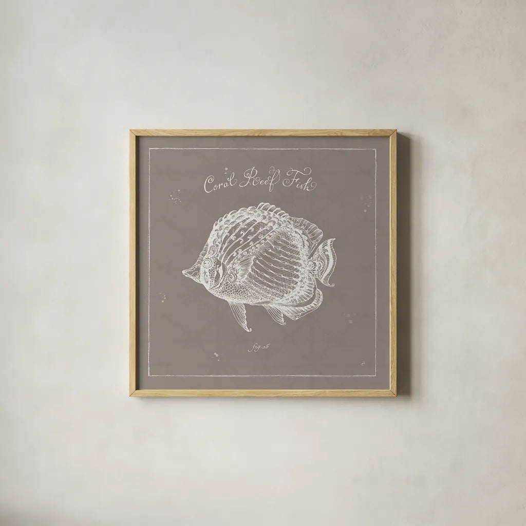 Underwater Life XIV Greige by Daphne Brissonnet. Shown in a natural wood glass frame for a timeless modern aesthetic. Available as an archival giclee rolled canvas, fine art paper, or poster print. SKU 33478a.