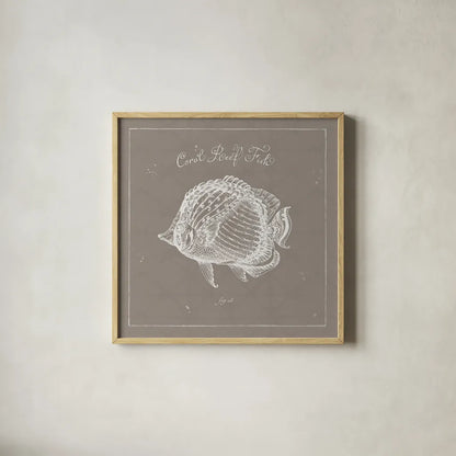 Underwater Life XIV Greige by Daphne Brissonnet. Shown in a natural wood glass frame for a timeless modern aesthetic. Available as an archival giclee rolled canvas, fine art paper, or poster print. SKU 33478a.