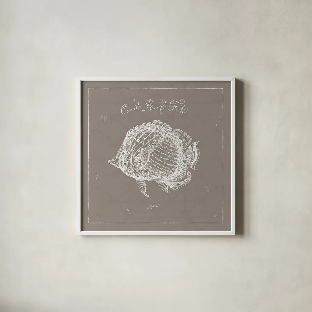 Underwater Life XIV Greige by Daphne Brissonnet. Shown in a crisp white glass frame for a clean and minimalist style. Available as an archival giclee rolled canvas, fine art paper, or poster print. SKU 33478a.