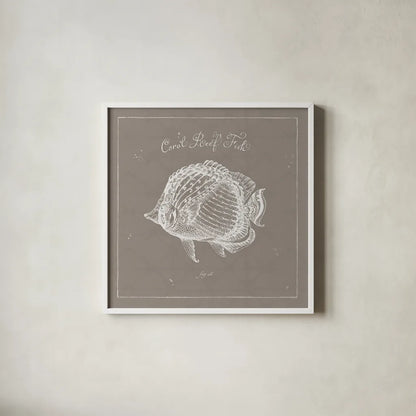 Underwater Life XIV Greige by Daphne Brissonnet. Shown in a crisp white glass frame for a clean and minimalist style. Available as an archival giclee rolled canvas, fine art paper, or poster print. SKU 33478a.