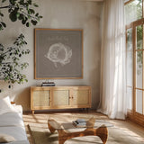 Underwater Life XIV Greige by Daphne Brissonnet. Shown in a natural wood frame in a cozy modern living room. Available as an archival giclee rolled canvas, fine art paper, or poster print. SKU 33478a.