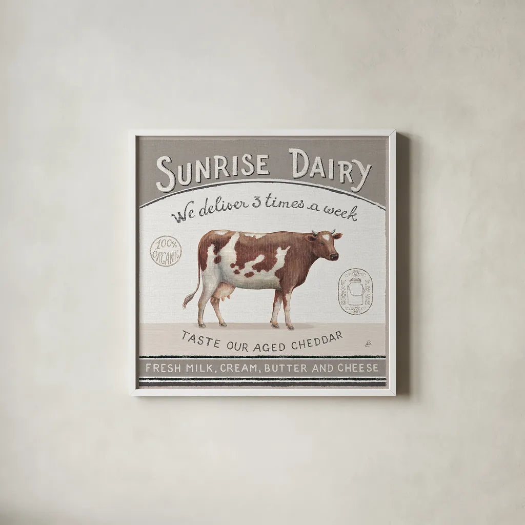 Vintage Farm II by Daphne Brissonnet. Shown in a crisp white glass frame for a clean and minimalist style. Available as an archival giclee rolled canvas, fine art paper, or poster print. SKU 32226a.