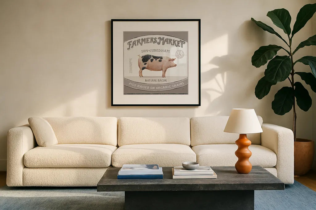 Vintage Farm III by Daphne Brissonnet. Displayed in a glass frame with matte in a clean modern living room. Available as an archival giclee rolled canvas, fine art paper, or poster print. SKU 32227a.