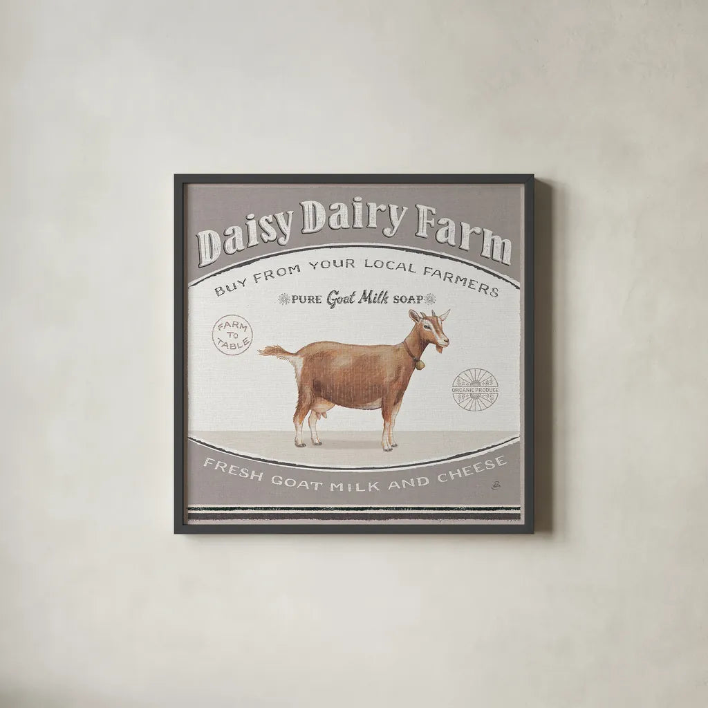 Vintage Farm IV by Daphne Brissonnet. Shown in a sleek black glass frame for a contemporary gallery look. Available as an archival giclee rolled canvas, fine art paper, or poster print. SKU 32228a.