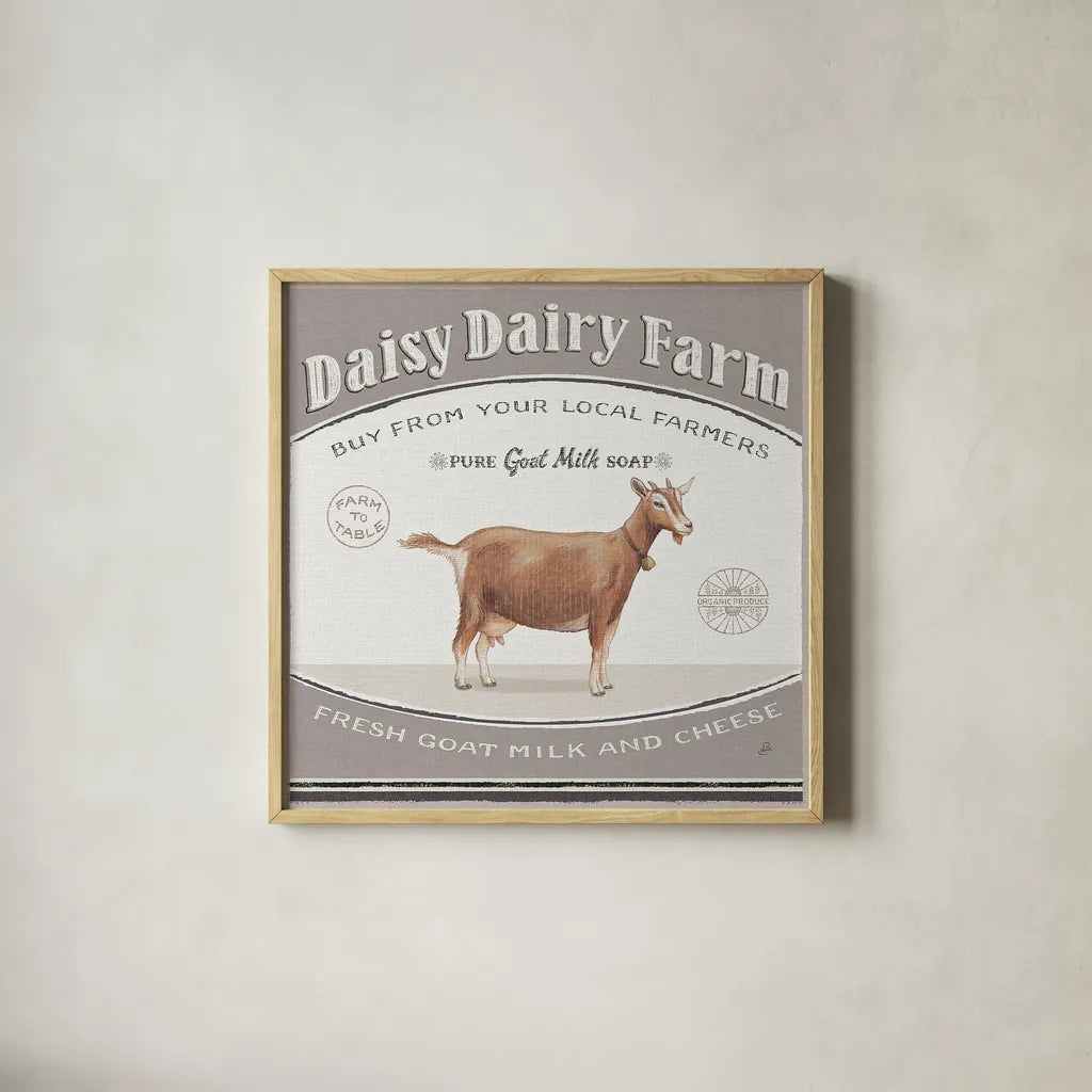 Vintage Farm IV by Daphne Brissonnet. Shown in a natural wood glass frame for a timeless modern aesthetic. Available as an archival giclee rolled canvas, fine art paper, or poster print. SKU 32228a.