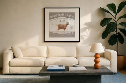 Vintage Farm IV by Daphne Brissonnet. Displayed in a glass frame with matte in a clean modern living room. Available as an archival giclee rolled canvas, fine art paper, or poster print. SKU 32228a.