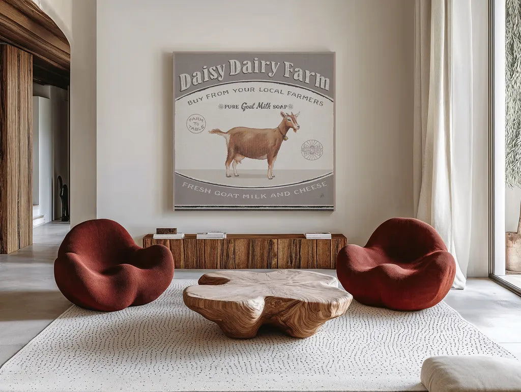 Vintage Farm IV by Daphne Brissonnet. Shown as extra-large giant wall art in a modern living room. Available as an archival giclee rolled canvas, fine art paper, or poster print. SKU 32228a.