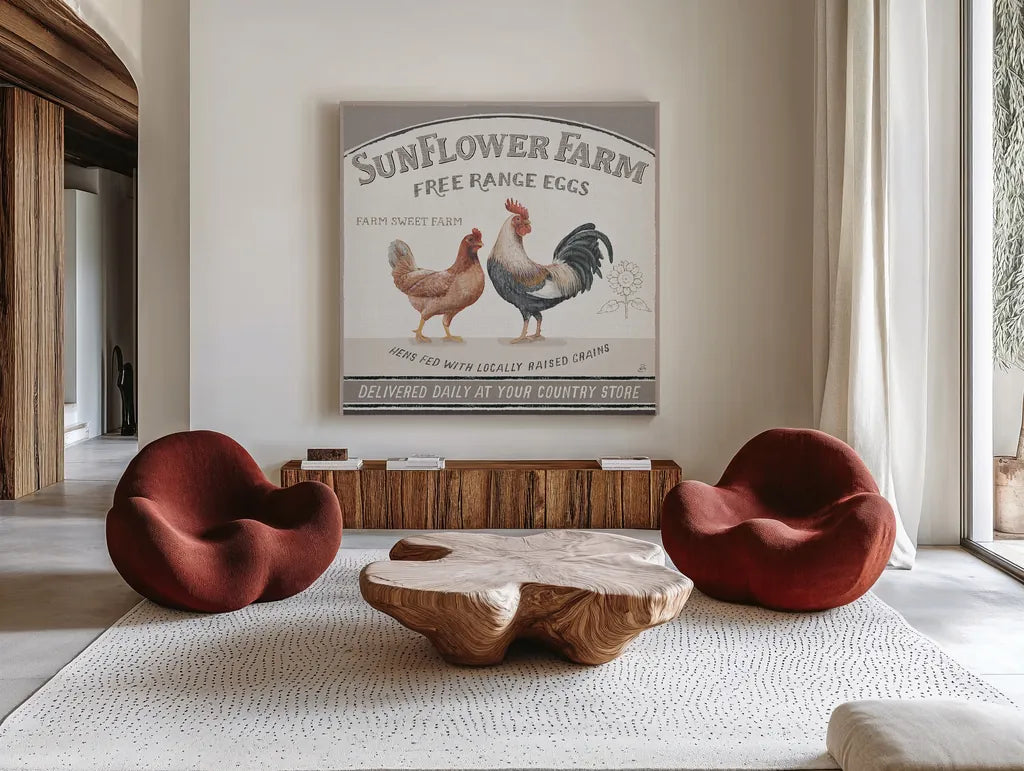 Vintage Farm V by Daphne Brissonnet. Shown as extra-large giant wall art in a modern living room. Available as an archival giclee rolled canvas, fine art paper, or poster print. SKU 32229a.