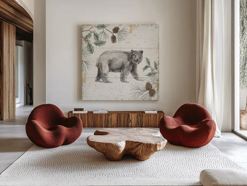Wild and Beautiful VII Holiday by Daphne Brissonnet. Shown as extra-large giant wall art in a modern living room. Available as an archival giclee rolled canvas, fine art paper, or poster print. SKU 72271a.