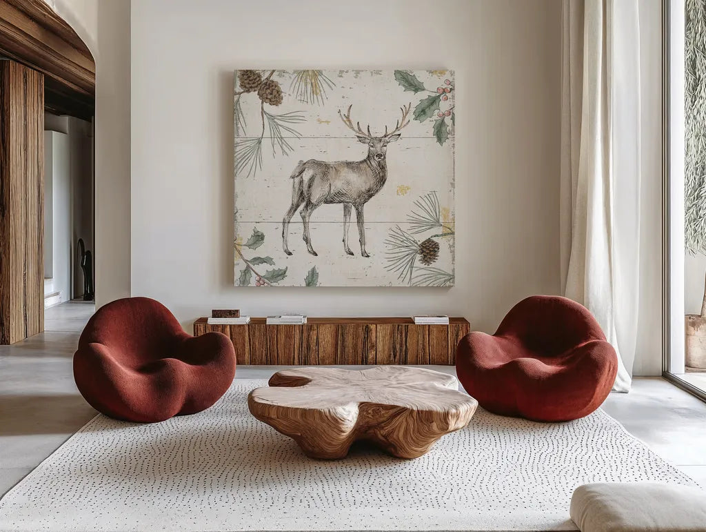 Wild and Beautiful X Holiday by Daphne Brissonnet. Shown as extra-large giant wall art in a modern living room. Available as an archival giclee rolled canvas, fine art paper, or poster print. SKU 72273a.