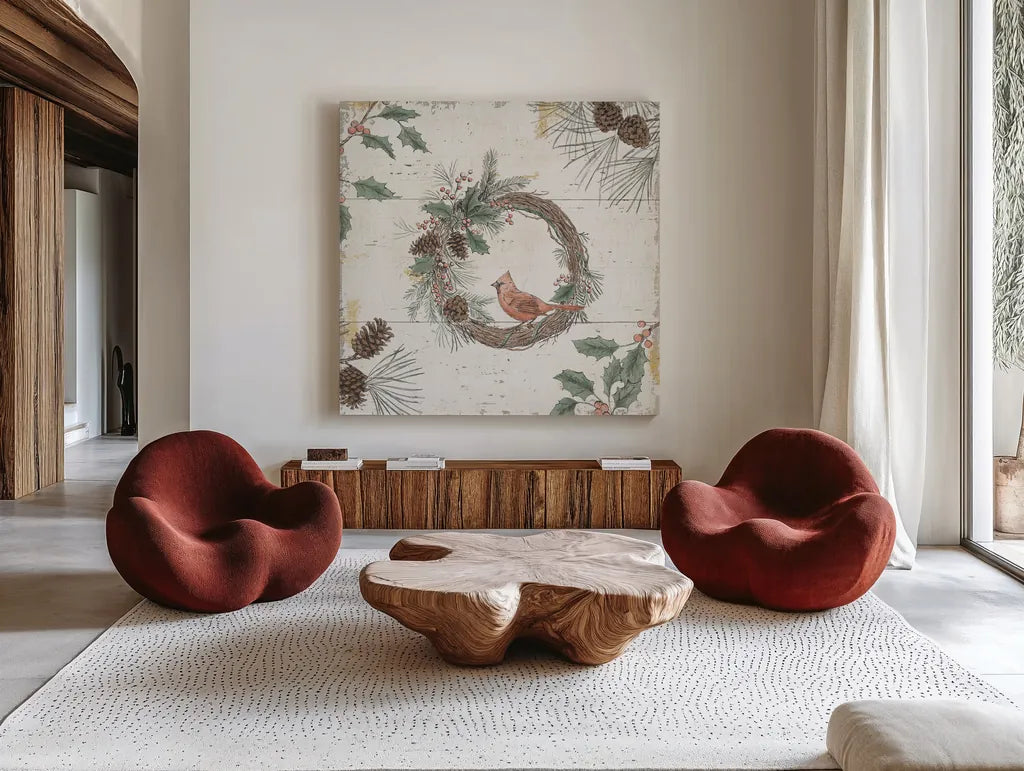 Wild and Beautiful XII Holiday by Daphne Brissonnet. Shown as extra-large giant wall art in a modern living room. Available as an archival giclee rolled canvas, fine art paper, or poster print. SKU 72268a.