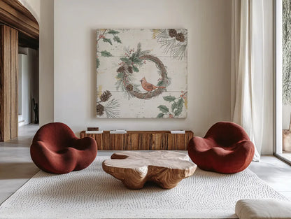 Wild and Beautiful XII Holiday by Daphne Brissonnet. Shown as extra-large giant wall art in a modern living room. Available as an archival giclee rolled canvas, fine art paper, or poster print. SKU 72268a.