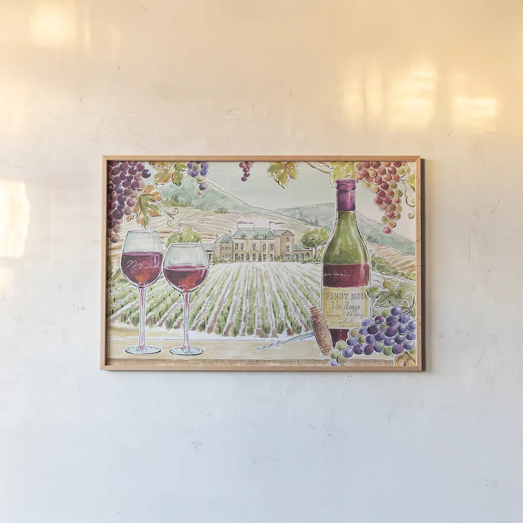 Wine Country I by Daphne Brissonnet. shown as a paper print in a natural frame. Available as a archival giclee rolled canvas, fine art paper, or poster print. SKU 42146i.