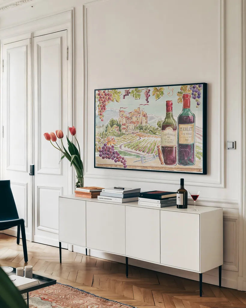 Wine Country II by Daphne Brissonnet. shown as a framed stretched canvas in a living room above a console. Available as a archival giclee rolled canvas, fine art paper, or poster print. SKU 42147i.