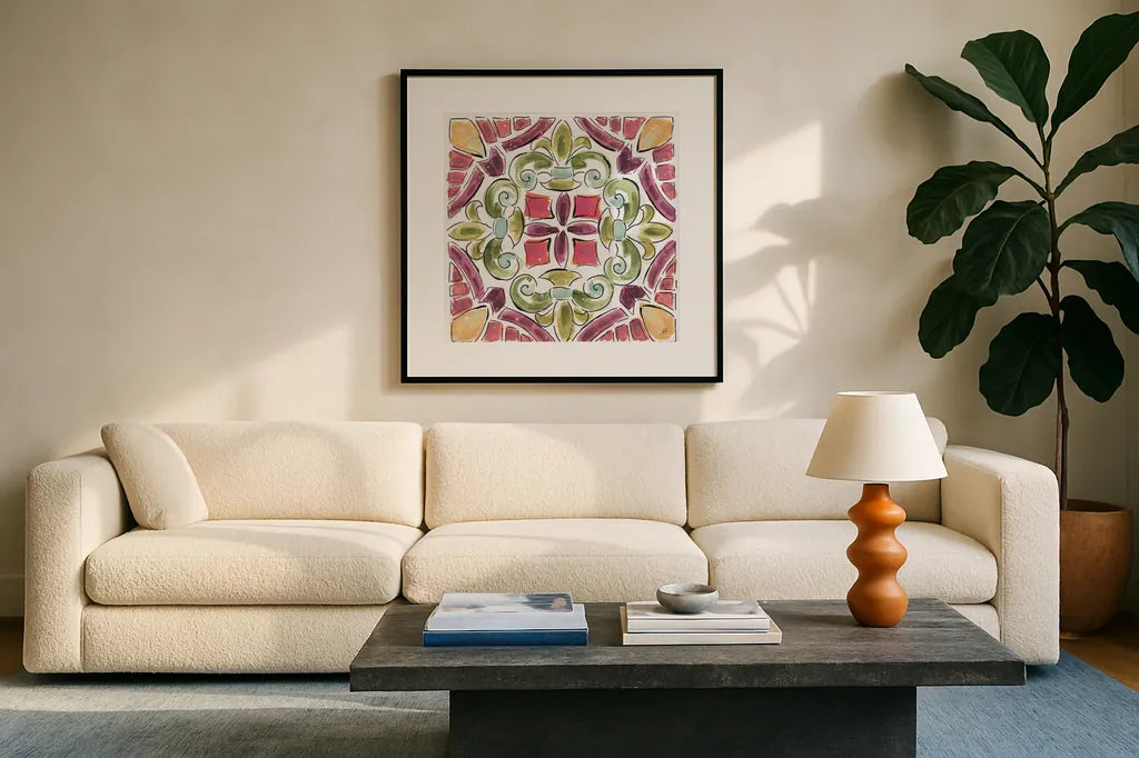 Wine Country VII by Daphne Brissonnet. Displayed in a glass frame with matte in a clean modern living room. Available as an archival giclee rolled canvas, fine art paper, or poster print. SKU 42152a.