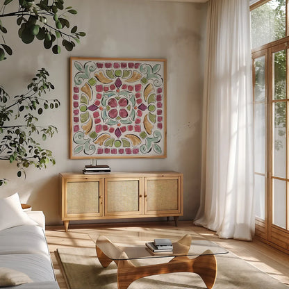 Wine Country X by Daphne Brissonnet. Shown in a natural wood frame in a cozy modern living room. Available as an archival giclee rolled canvas, fine art paper, or poster print. SKU 42155a.