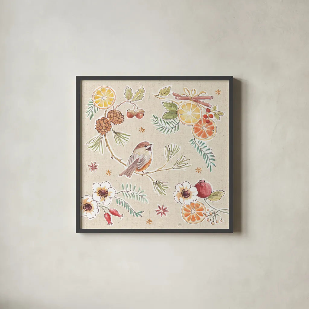 Winter Spice III by Daphne Brissonnet. Shown in a sleek black glass frame for a contemporary gallery look. Available as an archival giclee rolled canvas, fine art paper, or poster print. SKU 68265a.