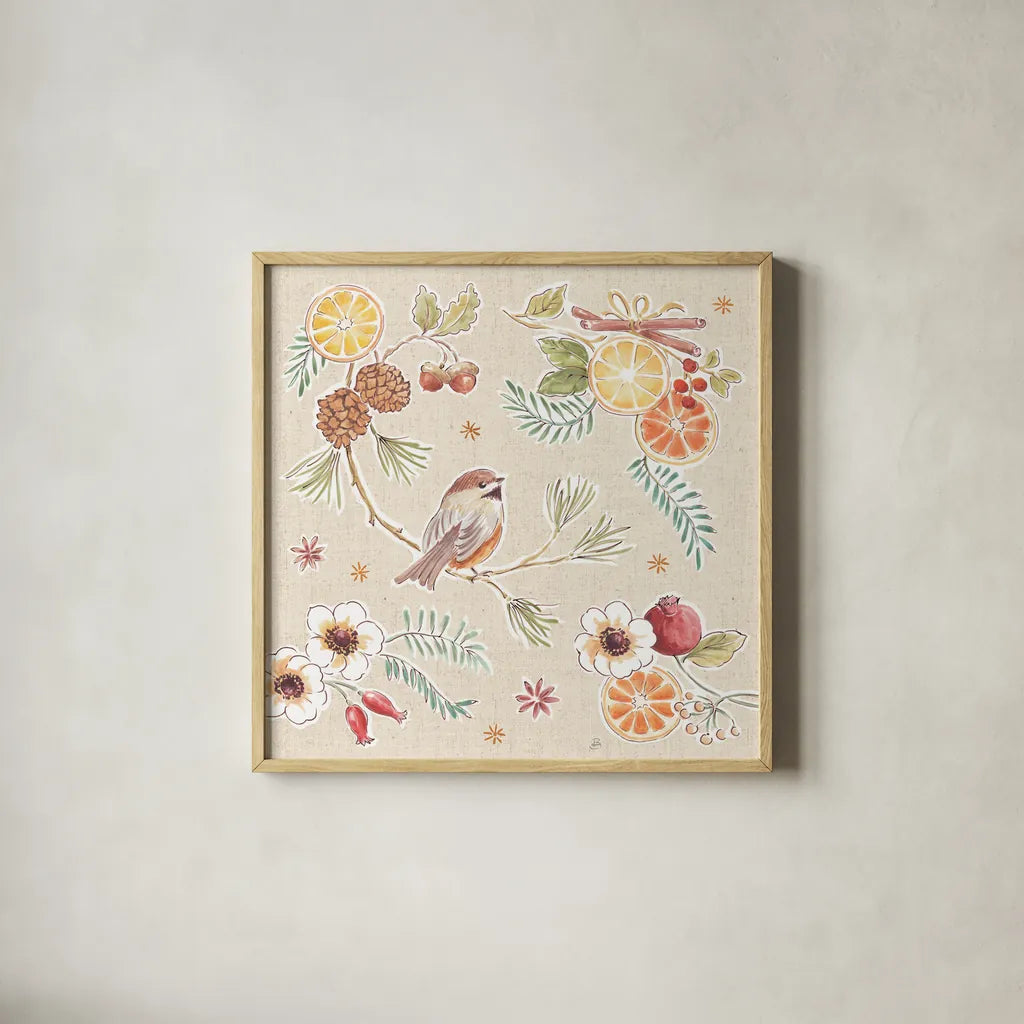 Winter Spice III by Daphne Brissonnet. Shown in a natural wood glass frame for a timeless modern aesthetic. Available as an archival giclee rolled canvas, fine art paper, or poster print. SKU 68265a.