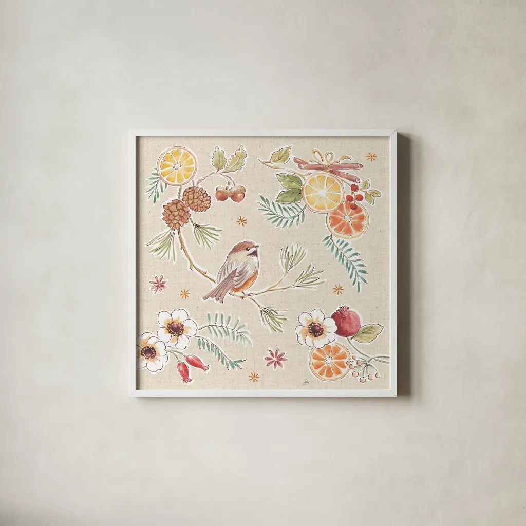 Winter Spice III by Daphne Brissonnet. Shown in a crisp white glass frame for a clean and minimalist style. Available as an archival giclee rolled canvas, fine art paper, or poster print. SKU 68265a.