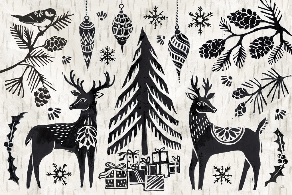 Woodcut Christmas I by Daphne Brissonnet. SKU 69680i. Archival Giclee Fine art print for wall decor.