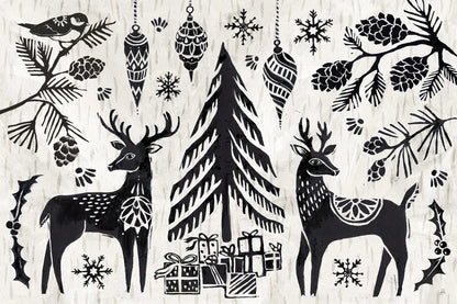 Woodcut Christmas I by Daphne Brissonnet. SKU 69680i. Archival Giclee Fine art print for wall decor.
