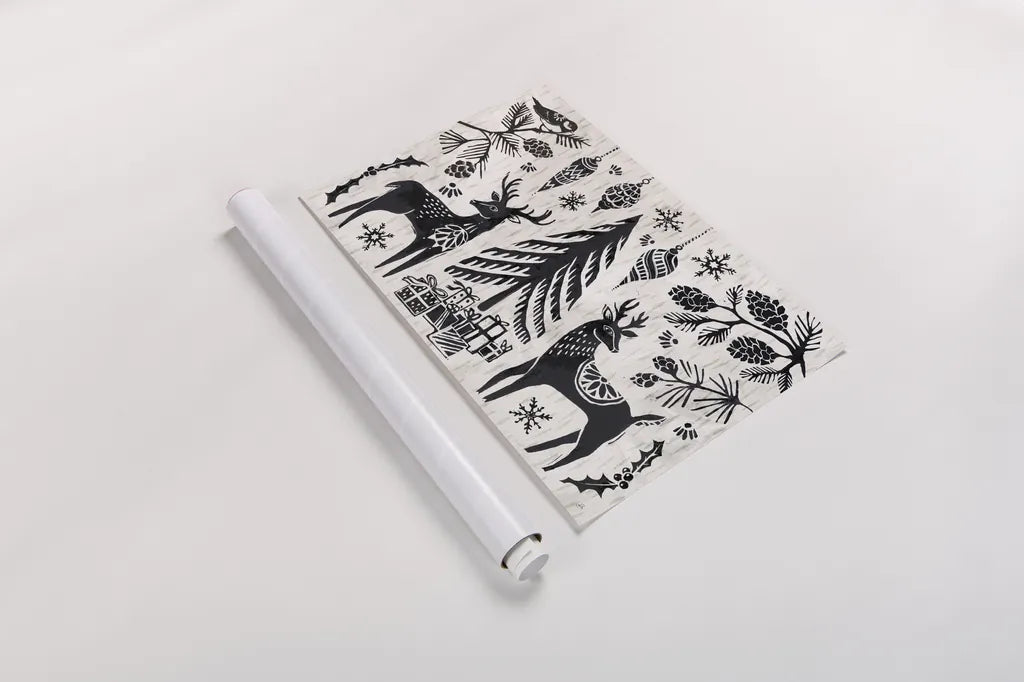 Woodcut Christmas I by Daphne Brissonnet. shown as a rolled paper print. Available as archival giclee rolled canvas, fine art paper, or poster print. SKU 69680i.