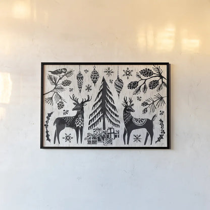 Woodcut Christmas I by Daphne Brissonnet. shown as a paper print in a black flame. Available as a archival giclee rolled canvas, fine art paper, or poster print. SKU 69680i.