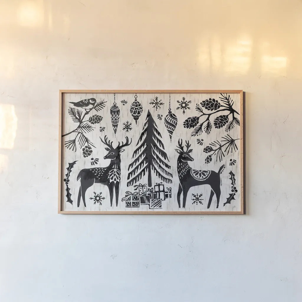 Woodcut Christmas I by Daphne Brissonnet. shown as a paper print in a natural frame. Available as a archival giclee rolled canvas, fine art paper, or poster print. SKU 69680i.