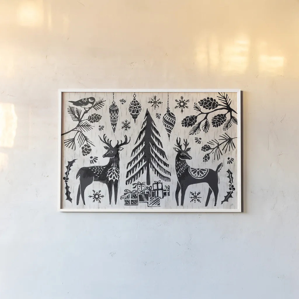 Woodcut Christmas I by Daphne Brissonnet. shown as a paper print in a white frame. Available as a archival giclee rolled canvas, fine art paper, or poster print. SKU 69680i.
