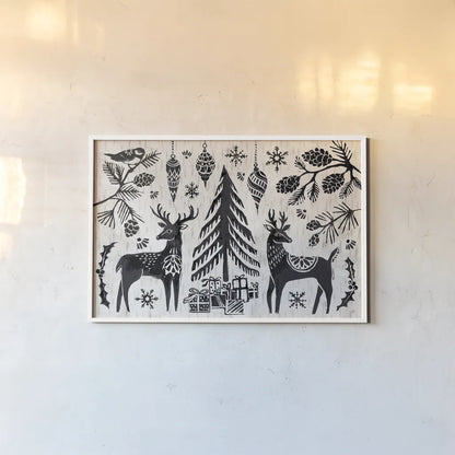 Woodcut Christmas I by Daphne Brissonnet. shown as a paper print in a white frame. Available as a archival giclee rolled canvas, fine art paper, or poster print. SKU 69680i.