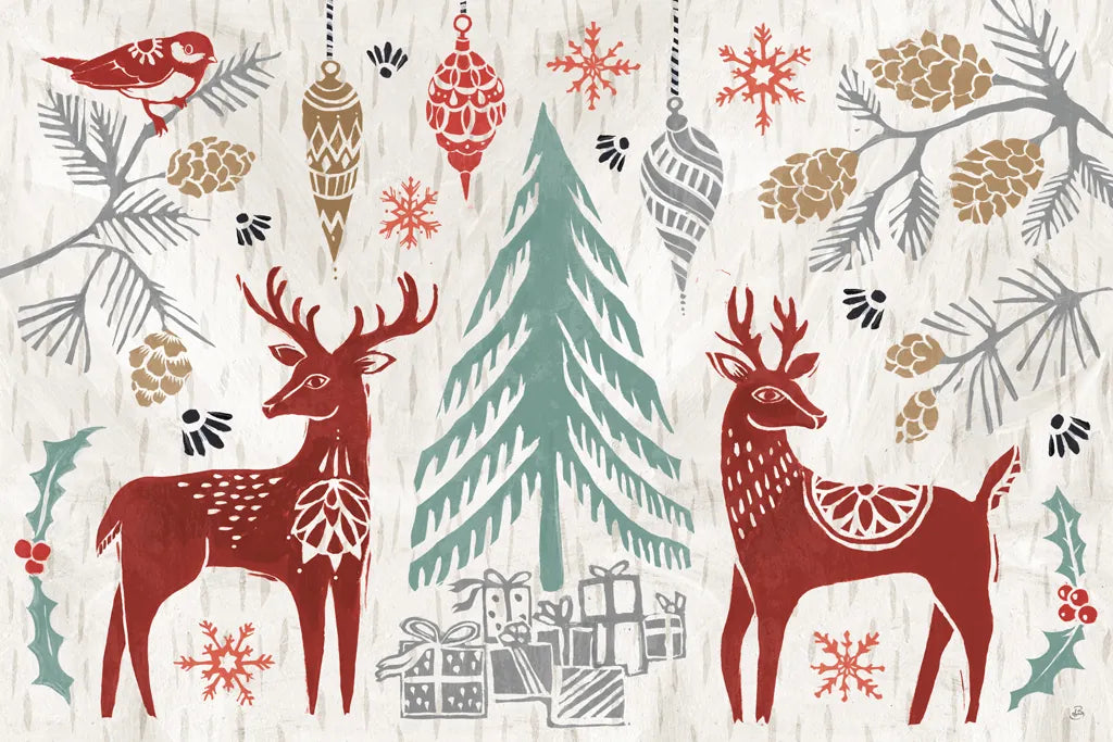 Woodcut Christmas I Color by Daphne Brissonnet. SKU 69692i. Archival Giclee Fine art print for wall decor.