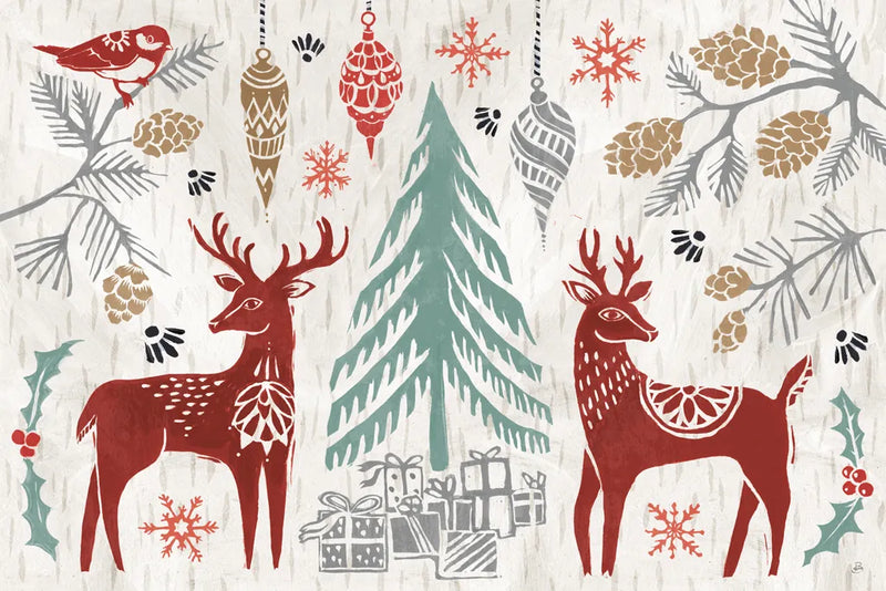 Woodcut Christmas I Color by Daphne Brissonnet. SKU 69692i. Archival Giclee Fine art print for wall decor.