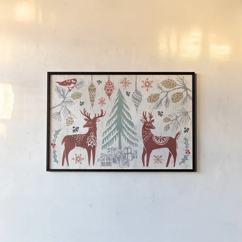 Woodcut Christmas I Color by Daphne Brissonnet. shown as a paper print in a black flame. Available as a archival giclee rolled canvas, fine art paper, or poster print. SKU 69692i.