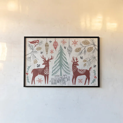 Woodcut Christmas I Color by Daphne Brissonnet. shown as a paper print in a black flame. Available as a archival giclee rolled canvas, fine art paper, or poster print. SKU 69692i.