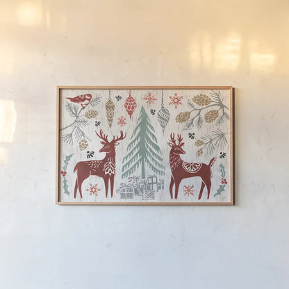 Woodcut Christmas I Color by Daphne Brissonnet. shown as a paper print in a natural frame. Available as a archival giclee rolled canvas, fine art paper, or poster print. SKU 69692i.