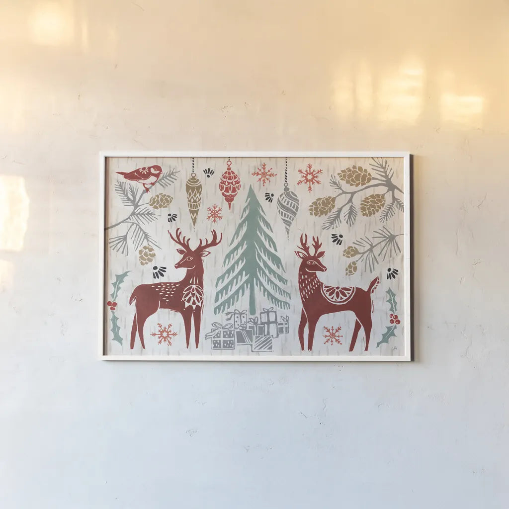 Woodcut Christmas I Color by Daphne Brissonnet. shown as a paper print in a white frame. Available as a archival giclee rolled canvas, fine art paper, or poster print. SKU 69692i.
