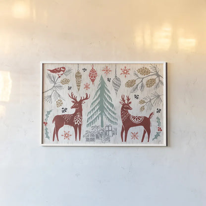 Woodcut Christmas I Color by Daphne Brissonnet. shown as a paper print in a white frame. Available as a archival giclee rolled canvas, fine art paper, or poster print. SKU 69692i.