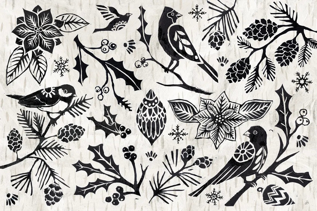 Woodcut Christmas II by Daphne Brissonnet. SKU 69681i. Archival Giclee Fine art print for wall decor.