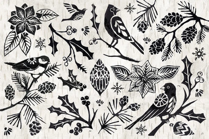 Woodcut Christmas II by Daphne Brissonnet. SKU 69681i. Archival Giclee Fine art print for wall decor.