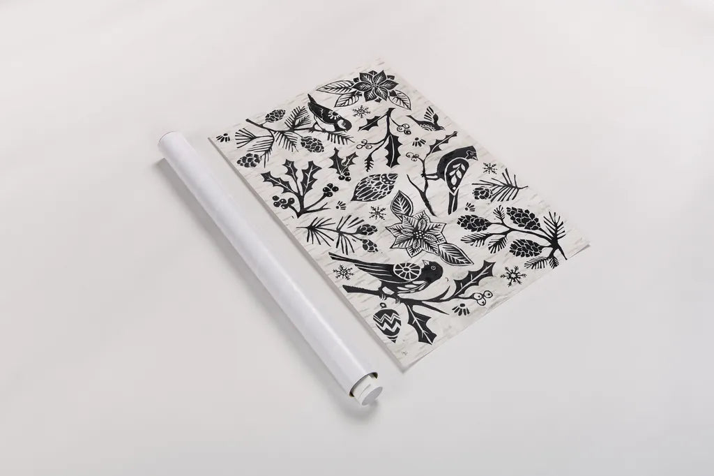 Woodcut Christmas II by Daphne Brissonnet. shown as a rolled paper print. Available as archival giclee rolled canvas, fine art paper, or poster print. SKU 69681i.