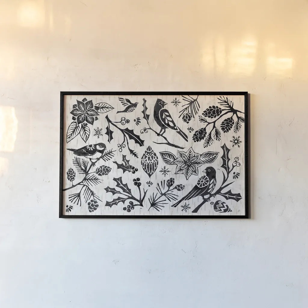 Woodcut Christmas II by Daphne Brissonnet. shown as a paper print in a black flame. Available as a archival giclee rolled canvas, fine art paper, or poster print. SKU 69681i.