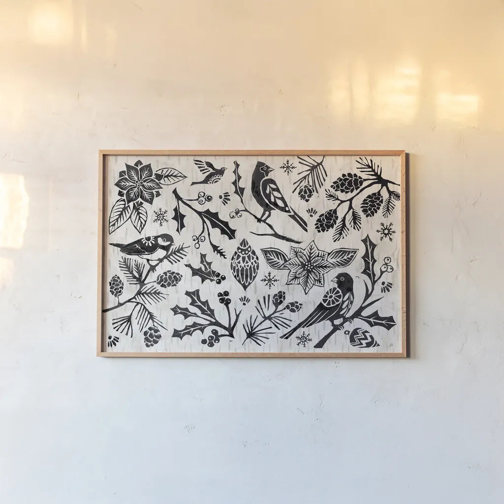 Woodcut Christmas II by Daphne Brissonnet. shown as a paper print in a natural frame. Available as a archival giclee rolled canvas, fine art paper, or poster print. SKU 69681i.