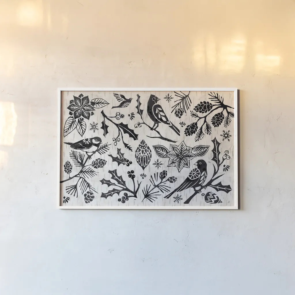 Woodcut Christmas II by Daphne Brissonnet. shown as a paper print in a white frame. Available as a archival giclee rolled canvas, fine art paper, or poster print. SKU 69681i.