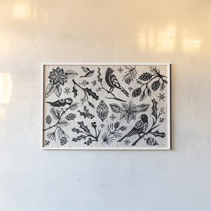 Woodcut Christmas II by Daphne Brissonnet. shown as a paper print in a white frame. Available as a archival giclee rolled canvas, fine art paper, or poster print. SKU 69681i.