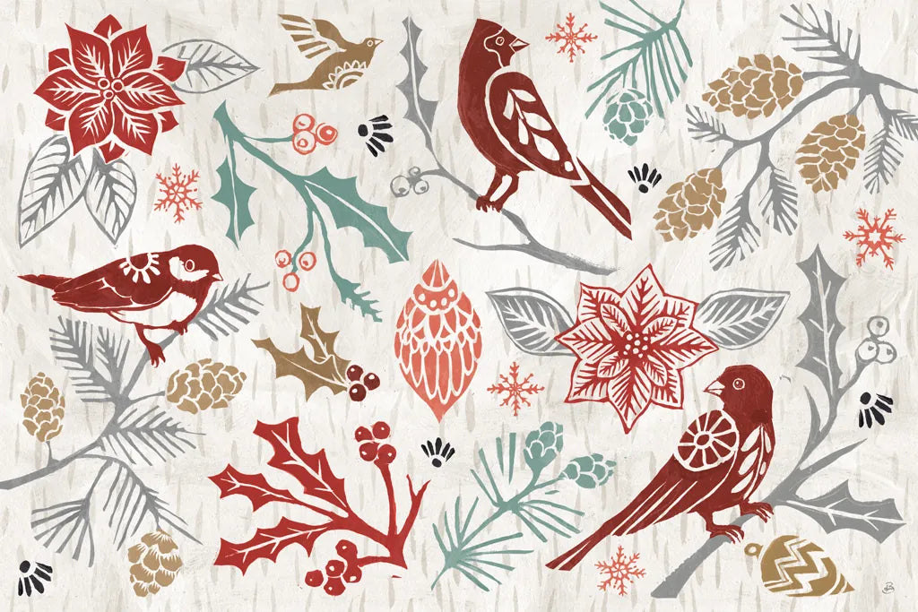 Woodcut Christmas II Color by Daphne Brissonnet. SKU 69693i. Archival Giclee Fine art print for wall decor.